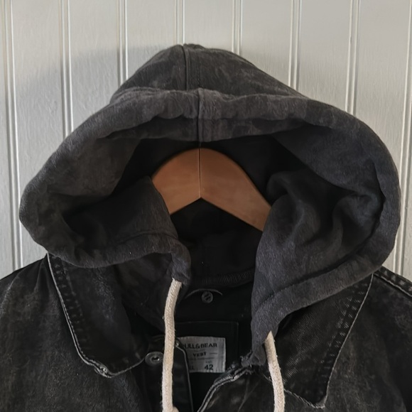 Pull & Bear Charcoal Gray Denim Hooded Vest Jacket XL - Picture 5 of 11